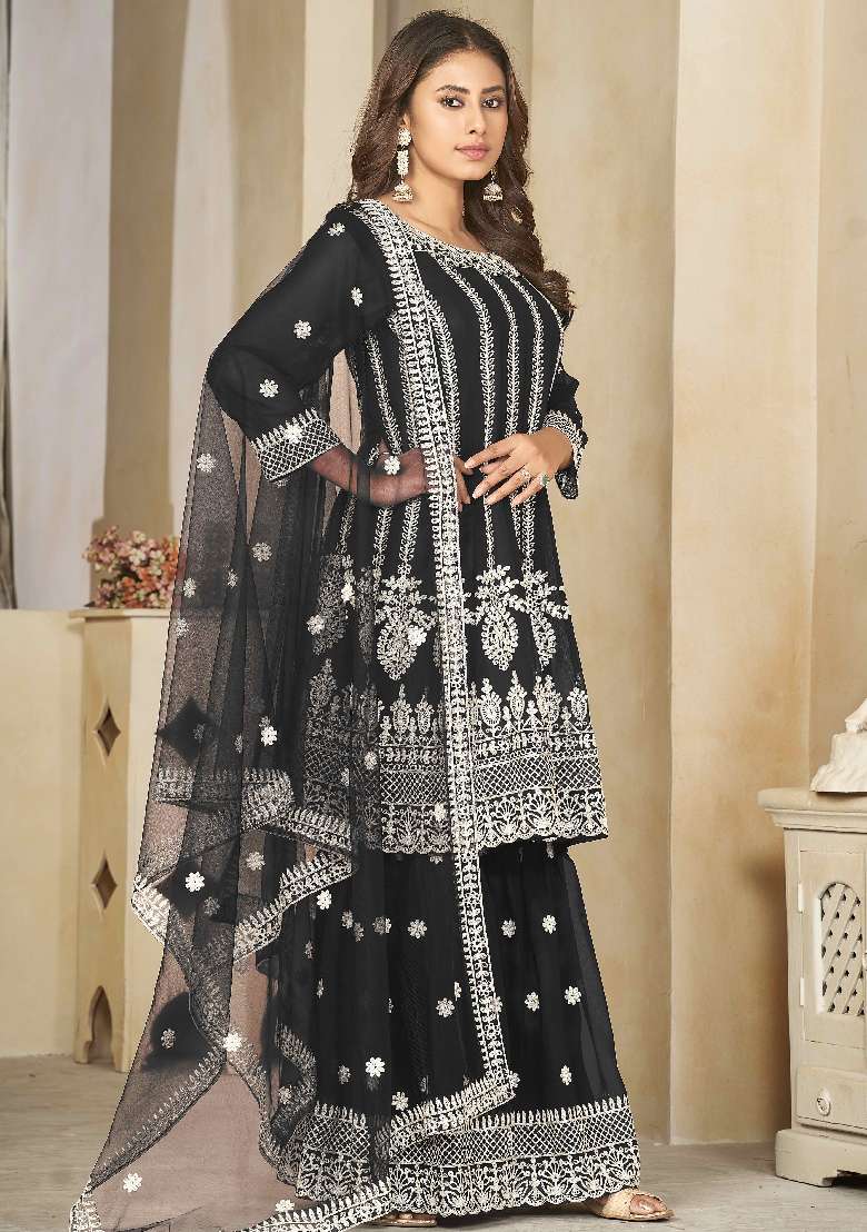 Black Embroidered Georgette Sharara Set - Indya