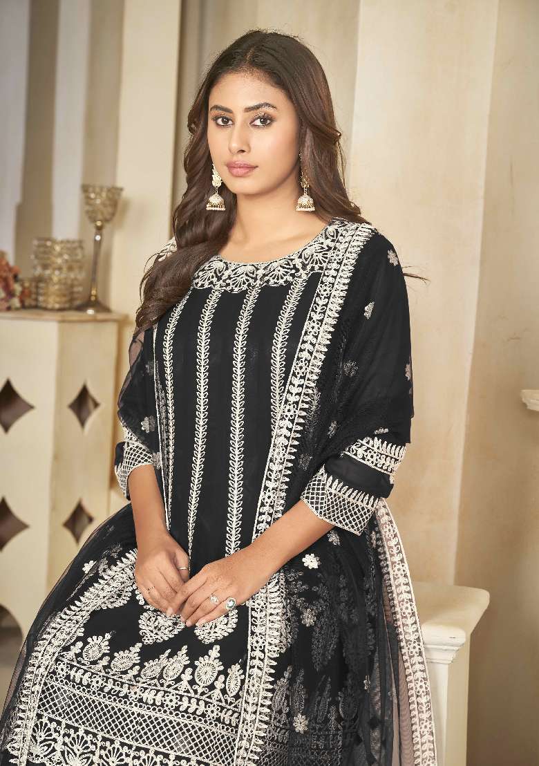 Black Embroidered Georgette Sharara Set - Indya