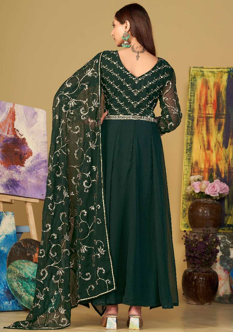 Green Embroidery Georgette Kurta Set - Indya