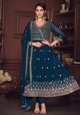 Turquoise Embroidery Georgette Kurta Set