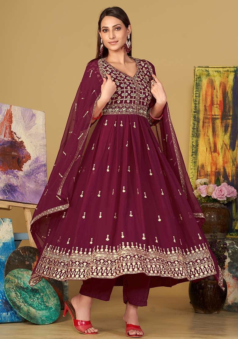 Pink Embroidered Georgette Anarkali Set - Indya