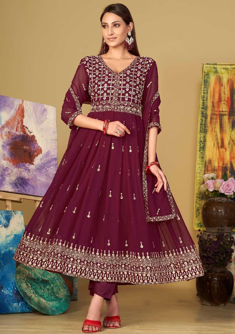 Pink Embroidered Georgette Anarkali Set - Indya