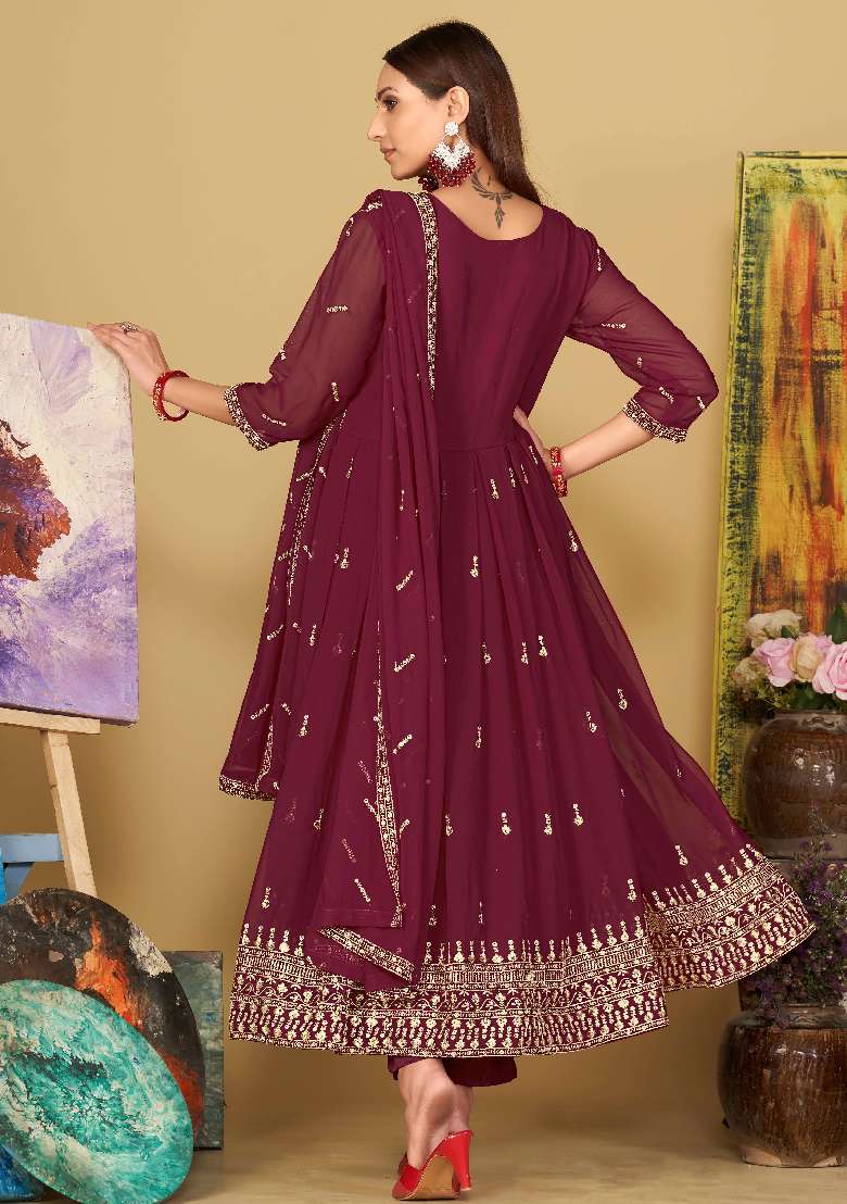 Pink Embroidered Georgette Anarkali Set - Indya