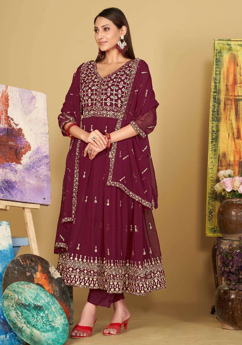 Pink Embroidered Georgette Anarkali Set - Indya