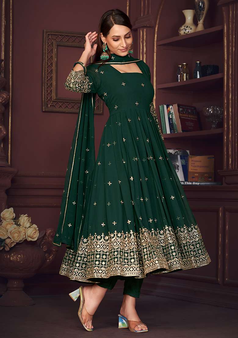 Green Embroidered Georgette Anarkali Set - Indya