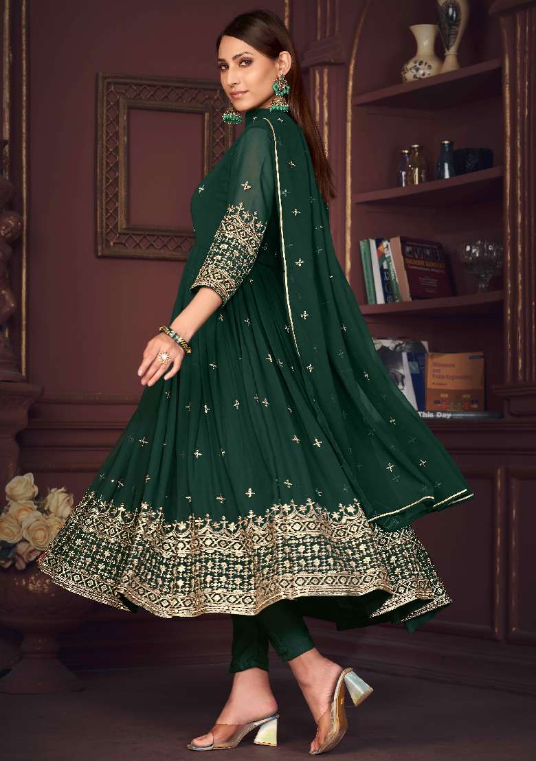 Green Embroidered Georgette Anarkali Set - Indya