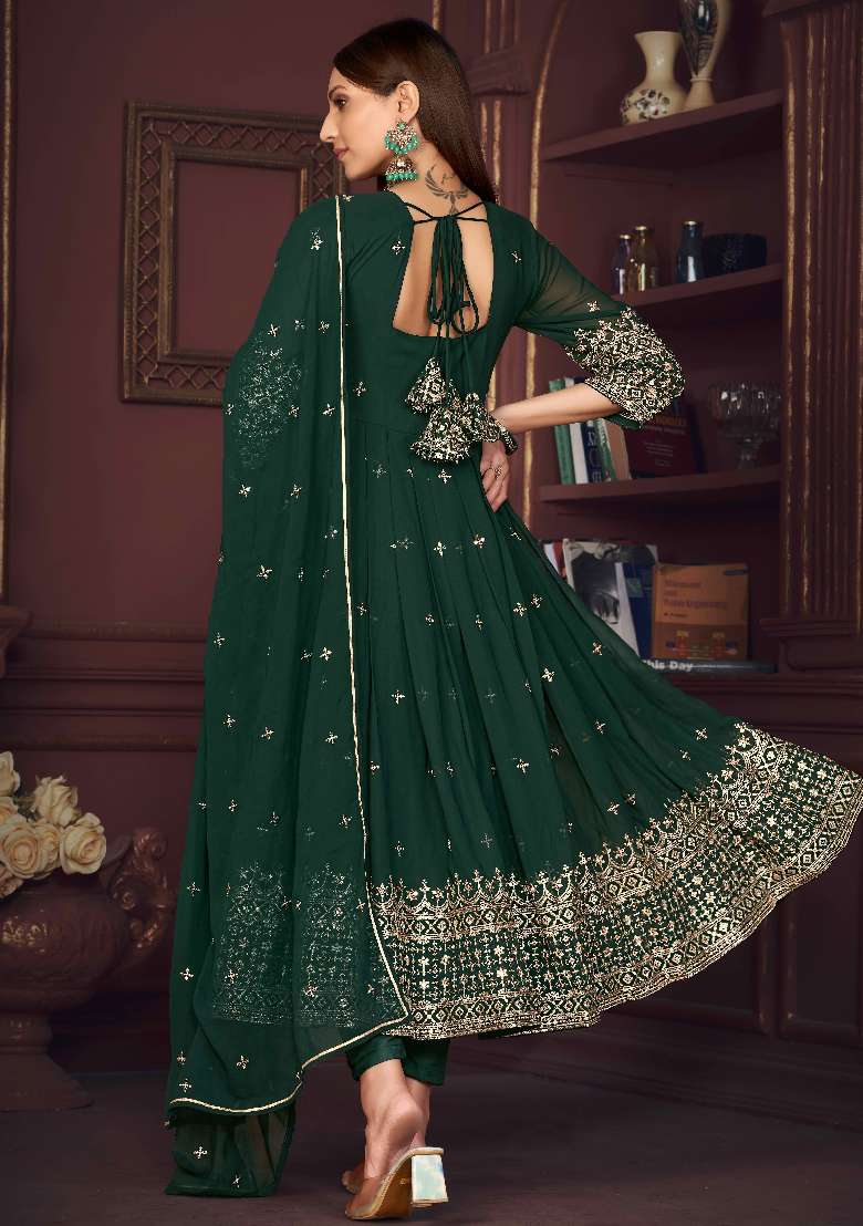 Green Embroidered Georgette Anarkali Set - Indya