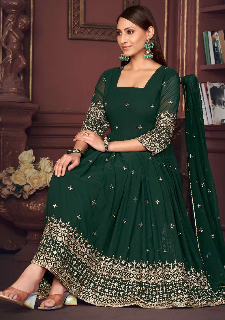 Green Embroidered Georgette Anarkali Set - Indya