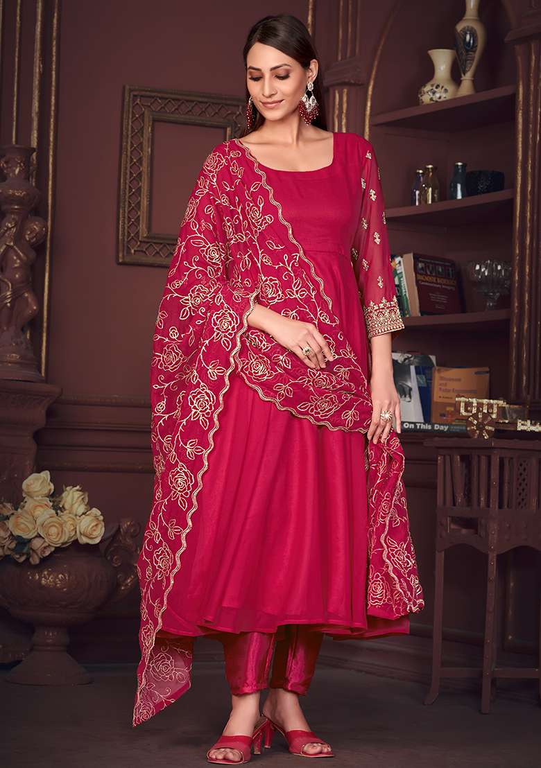 Pink Embroidered Georgette A Line Kurta Set - Indya