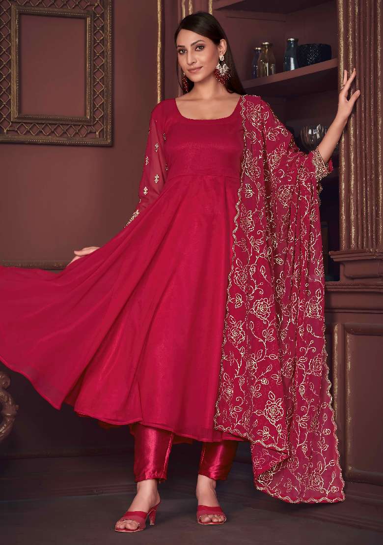 Pink Embroidered Georgette A Line Kurta Set - Indya