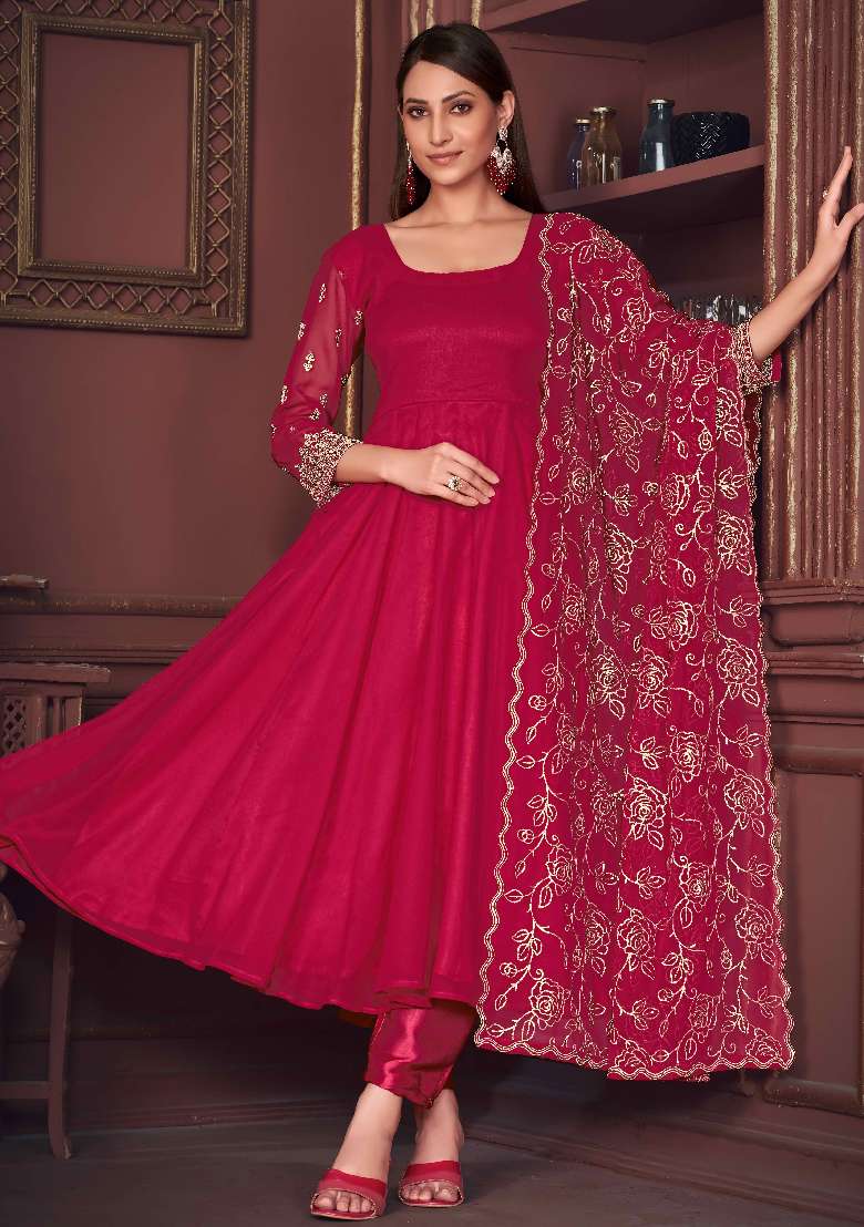 Pink Embroidered Georgette A Line Kurta Set - Indya