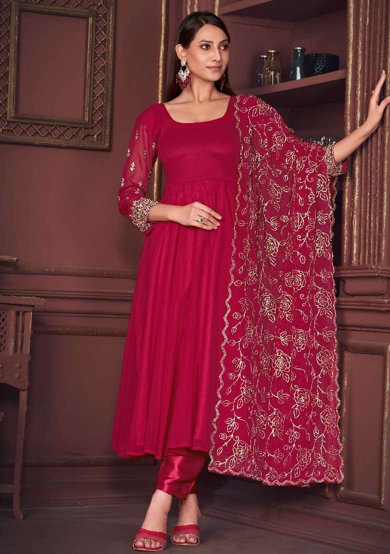 Pink Embroidered Georgette A Line Kurta Set - Indya
