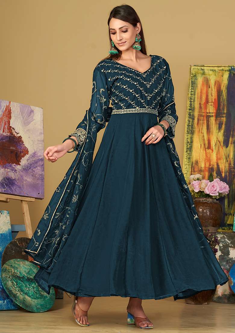 Turquoise Embroidered Georgette Anarkali Set - Indya