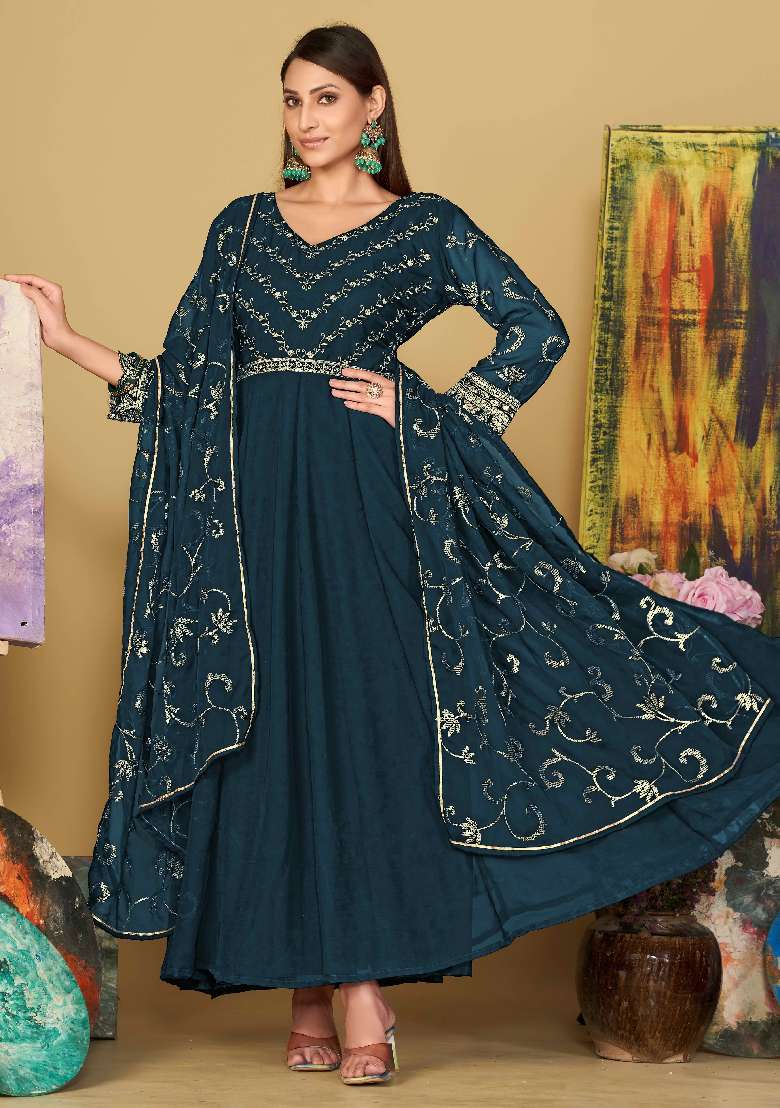 Turquoise Embroidered Georgette Anarkali Set - Indya