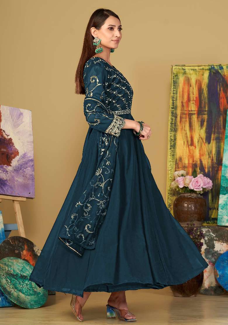 Turquoise Embroidered Georgette Anarkali Set - Indya
