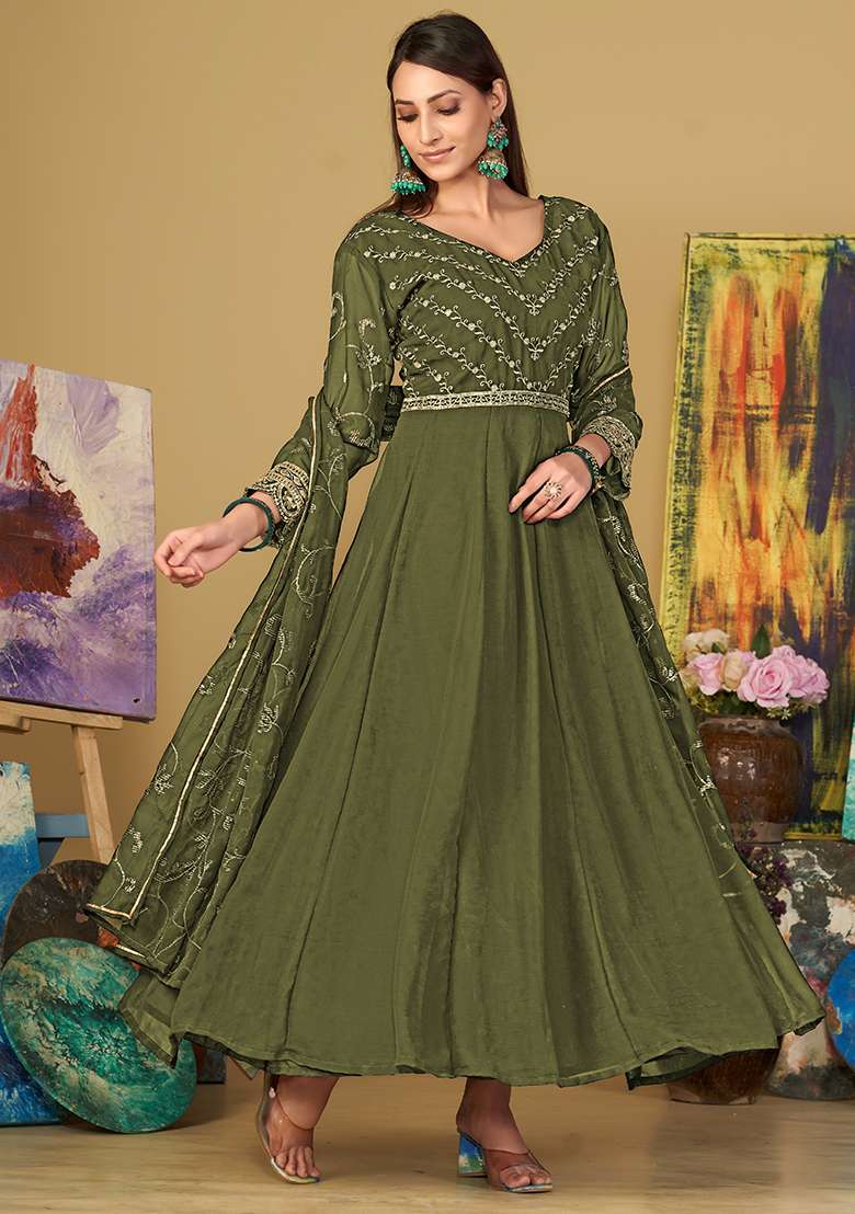 Light Green Embroidered Georgette Anarkali Set - Indya