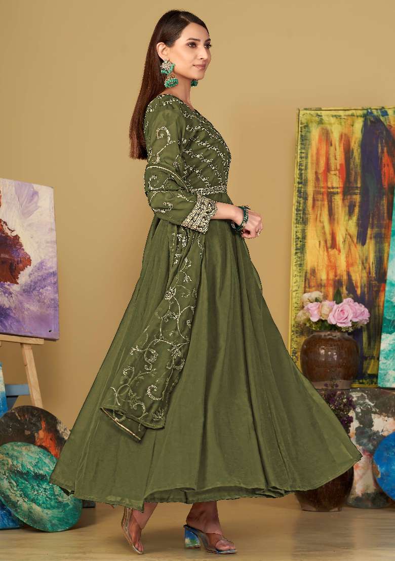 Light Green Embroidered Georgette Anarkali Set - Indya