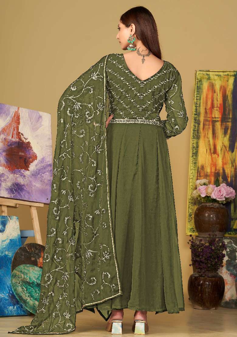 Light Green Embroidered Georgette Anarkali Set - Indya
