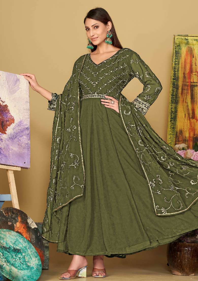 Light Green Embroidered Georgette Anarkali Set - Indya