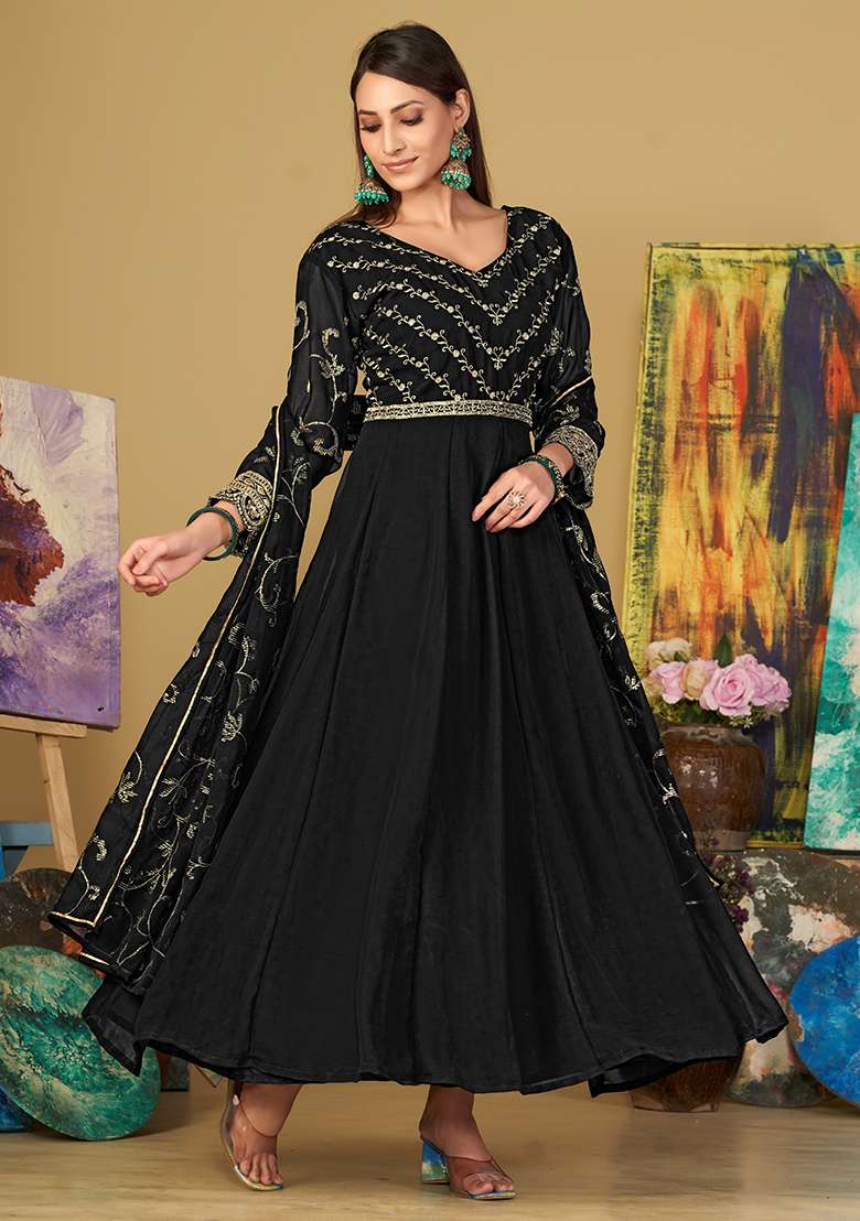 Black Embroidered Georgette Anarkali Set - Indya