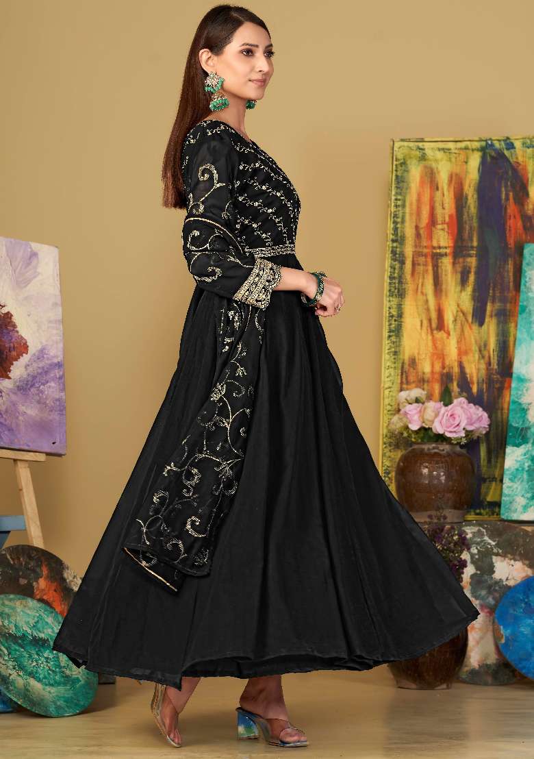 Black Embroidered Georgette Anarkali Set - Indya