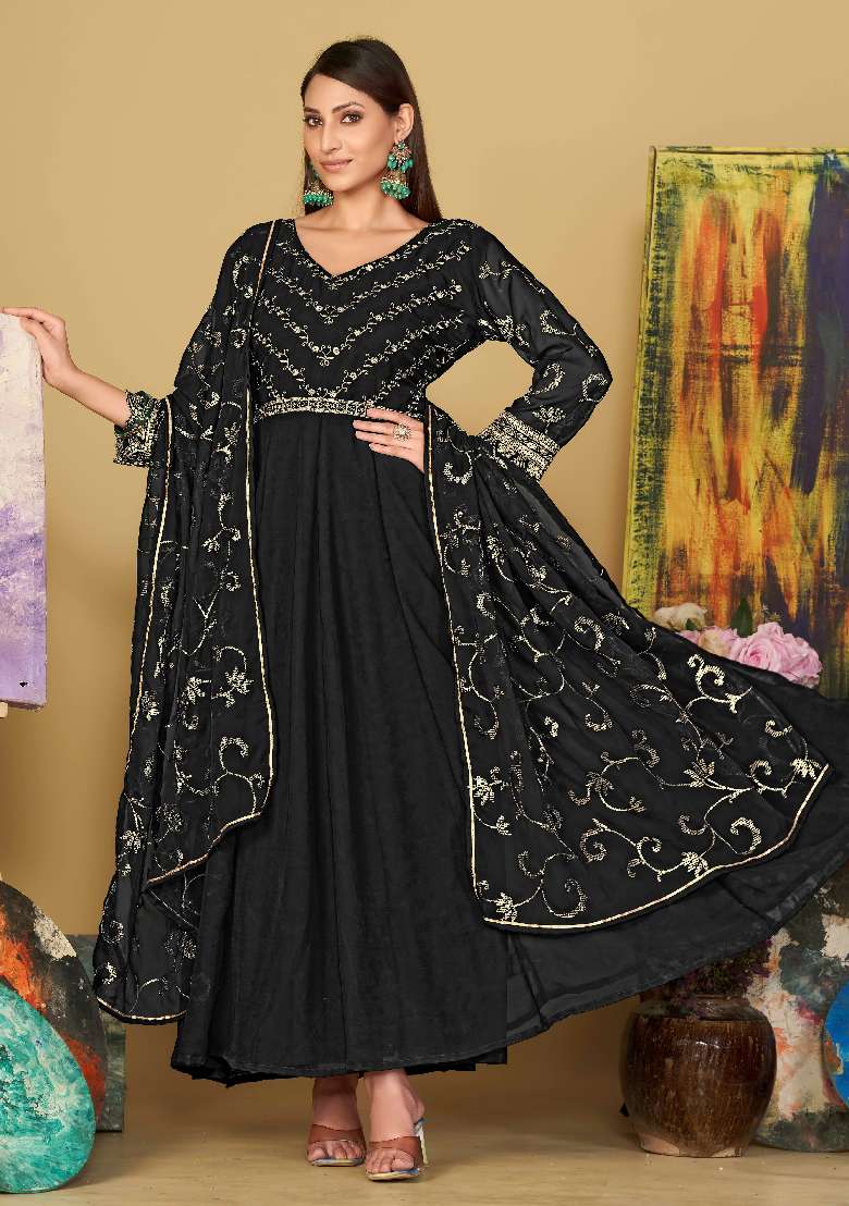 Black Embroidered Georgette Anarkali Set - Indya