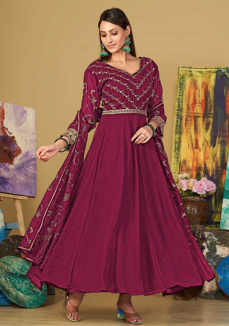 Dark Pink Embroidered Georgette Anarkali Set - Indya