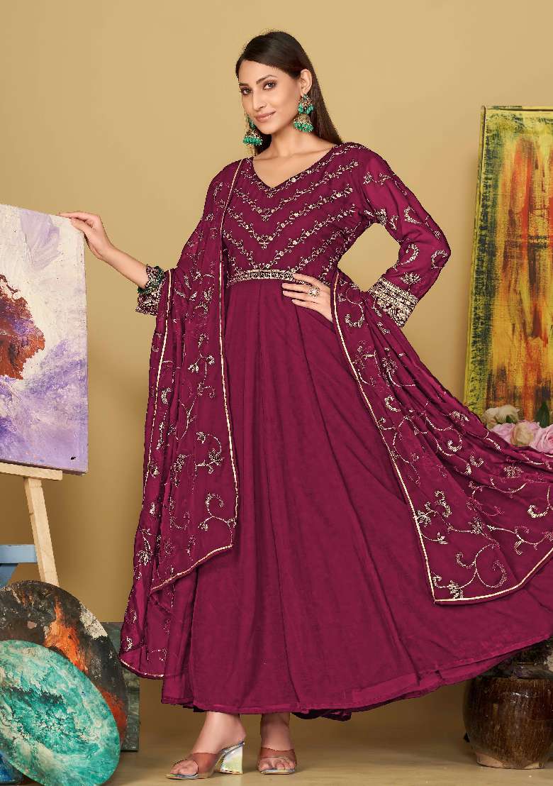 Dark Pink Embroidered Georgette Anarkali Set - Indya
