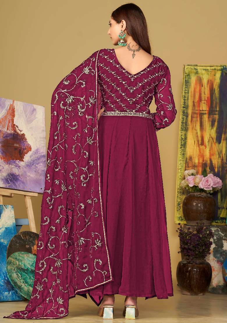 Dark Pink Embroidered Georgette Anarkali Set - Indya