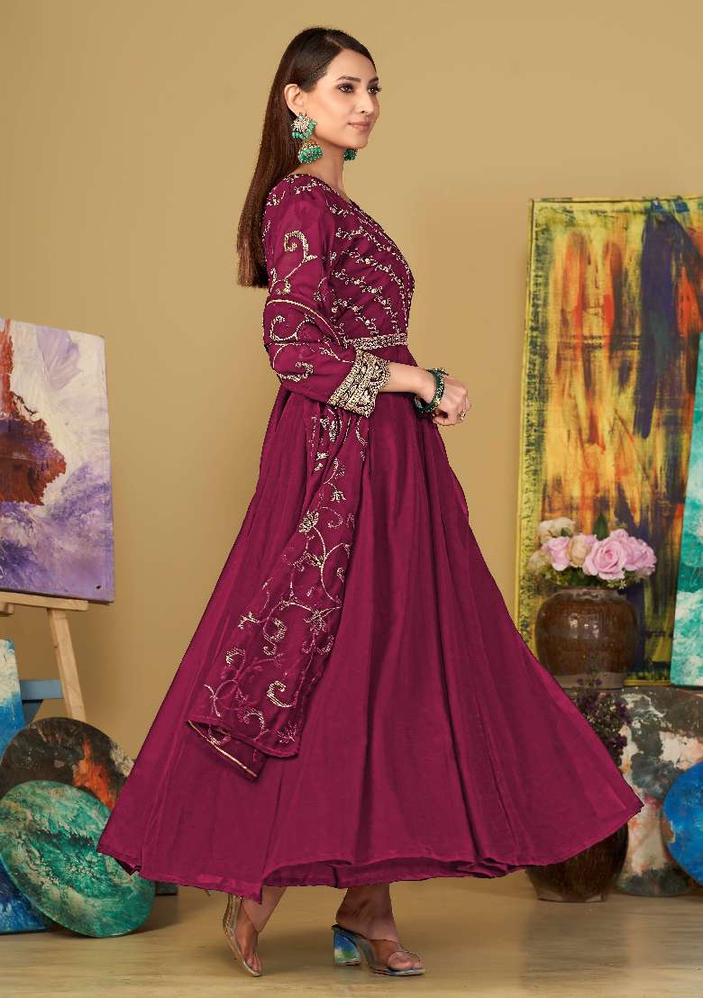 Dark Pink Embroidered Georgette Anarkali Set - Indya