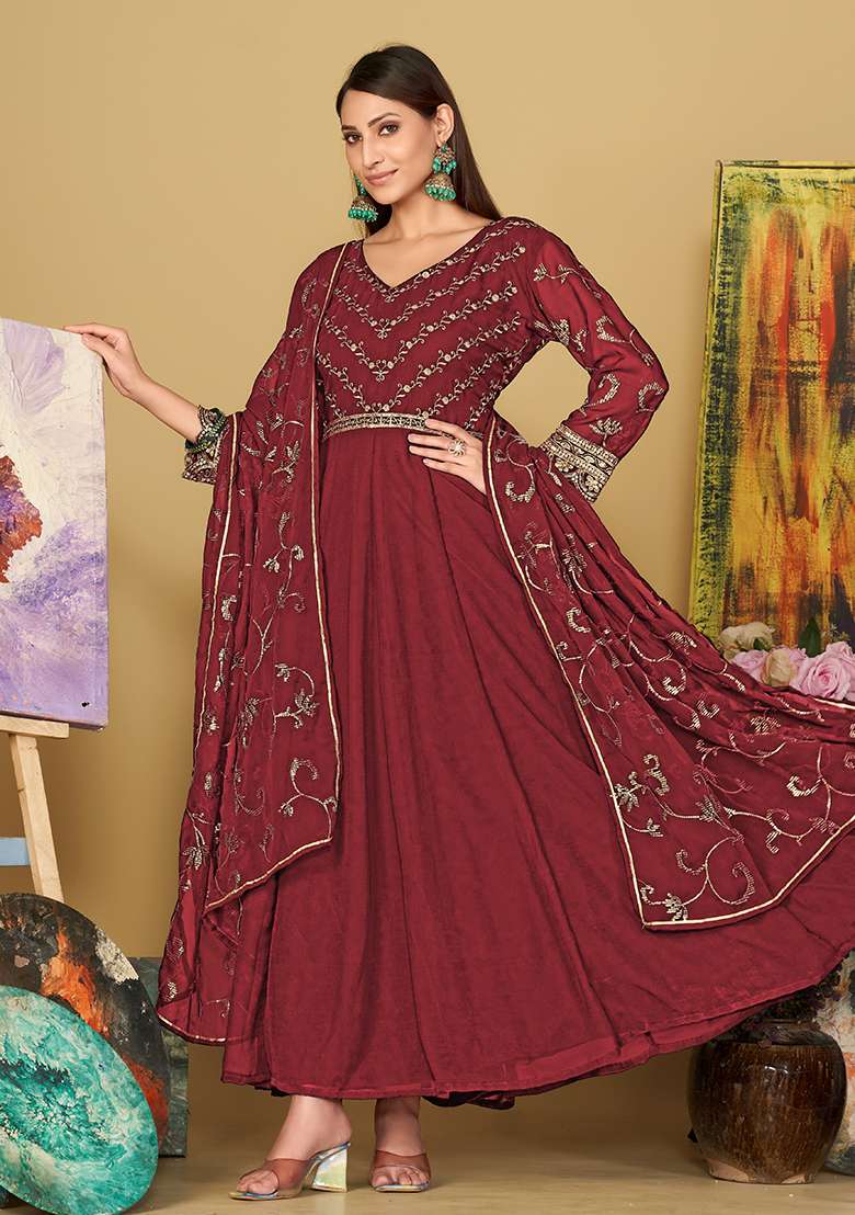 Maroon Embroidered Georgette Anarkali Set - Indya