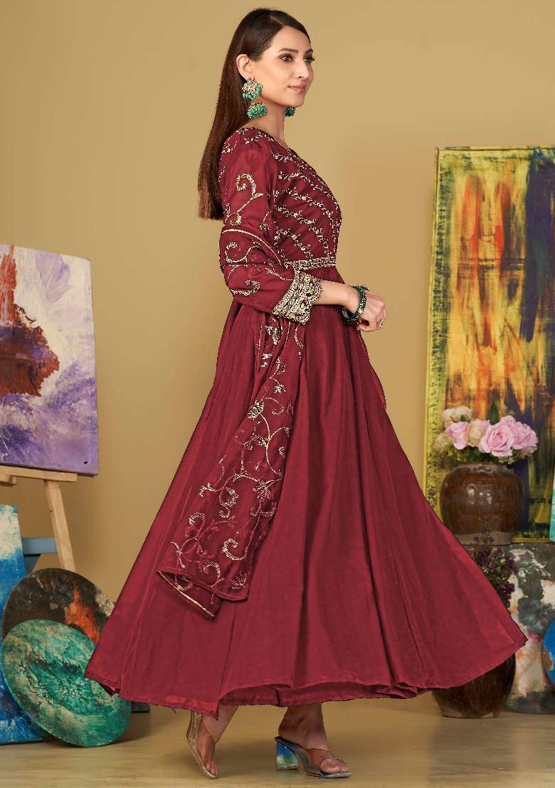 Maroon Embroidered Georgette Anarkali Set - Indya