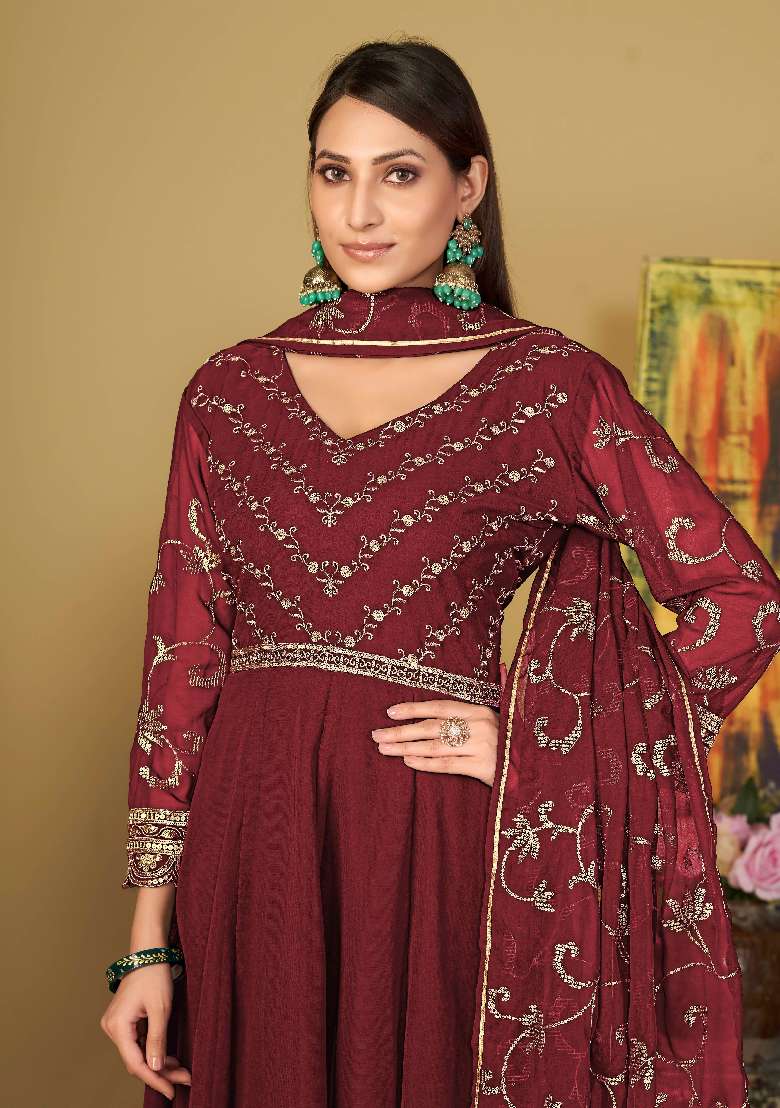 Maroon Embroidered Georgette Anarkali Set - Indya