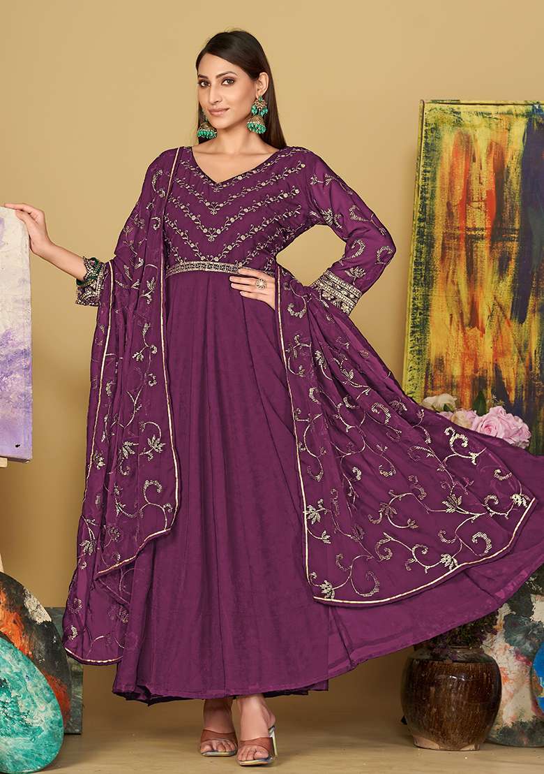 Purple Embroidered Georgette Anarkali Set - Indya
