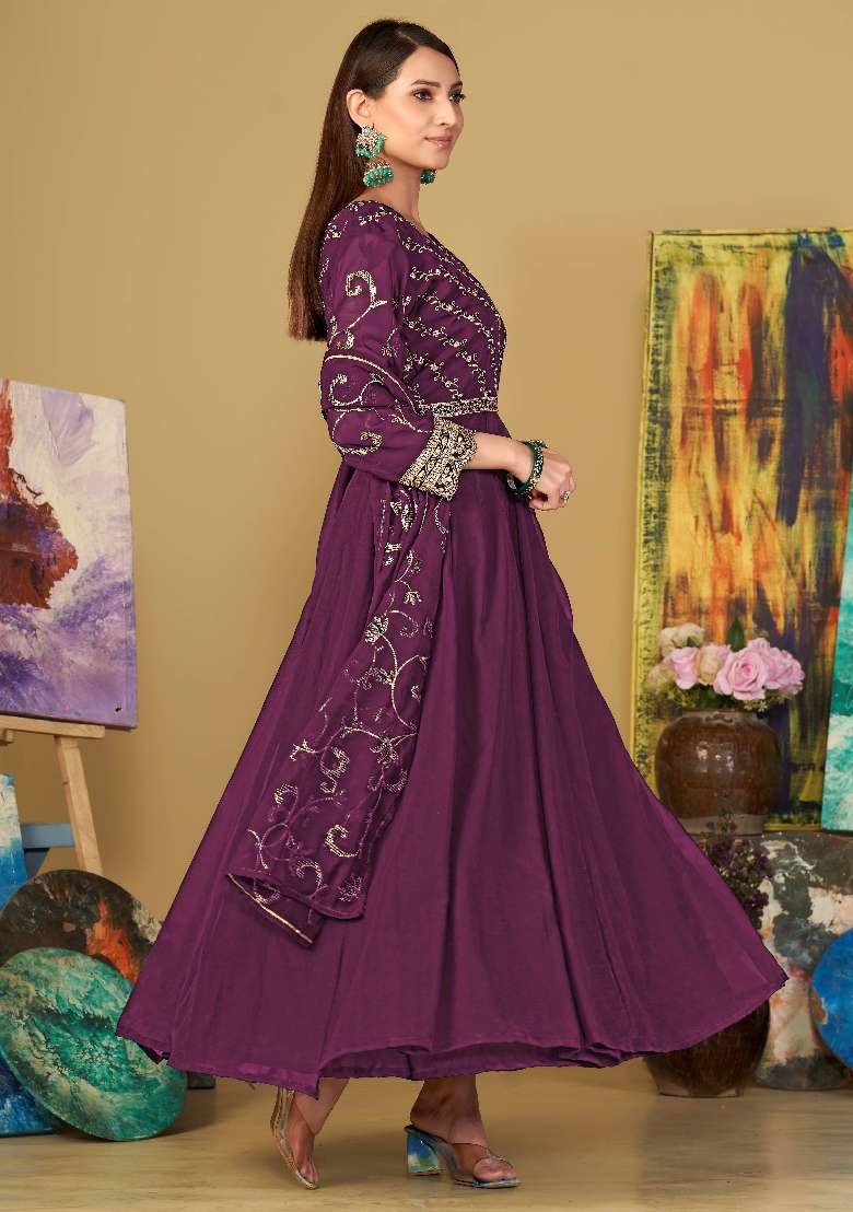 Purple Embroidered Georgette Anarkali Set - Indya