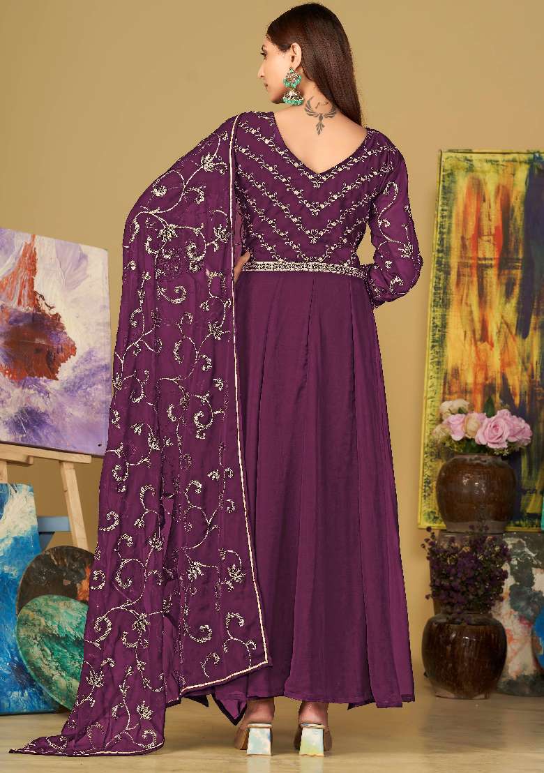 Purple Embroidered Georgette Anarkali Set - Indya