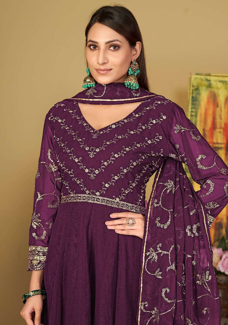 Purple Embroidered Georgette Anarkali Set - Indya