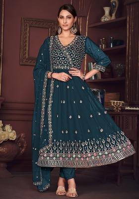 Turquoise Embroidery Georgette Kurta Set