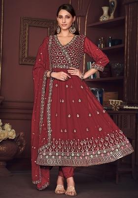 Maroon Embroidery Georgette Kurta Set