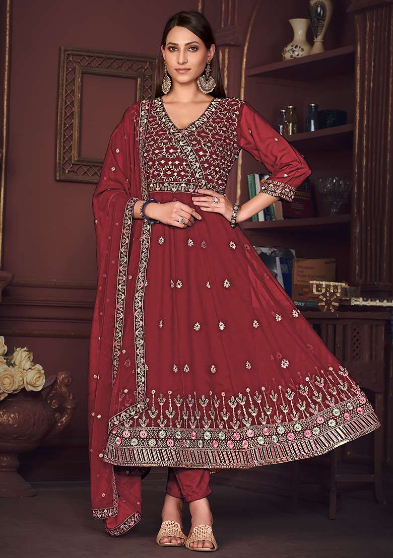 Maroon Embroidered Georgette Anarkali Set - Indya