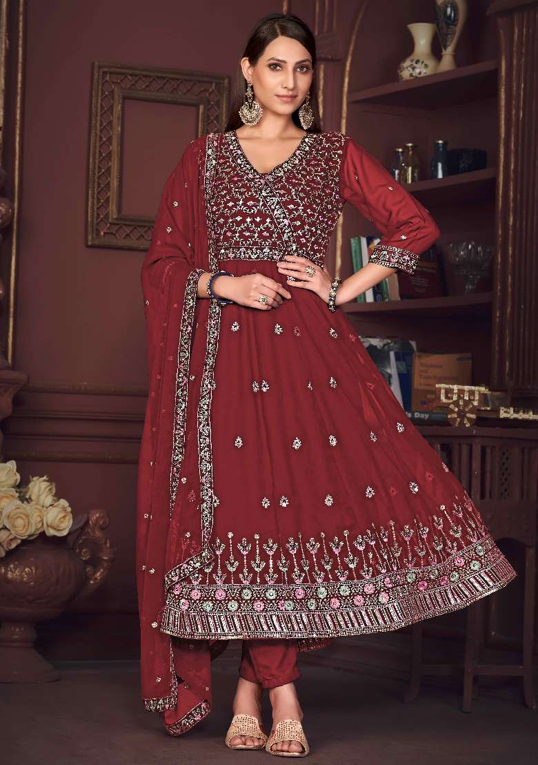 Maroon Embroidered Georgette Anarkali Set - Indya