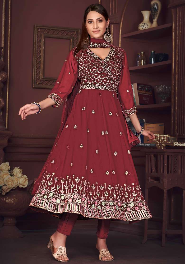 Maroon Embroidered Georgette Anarkali Set - Indya
