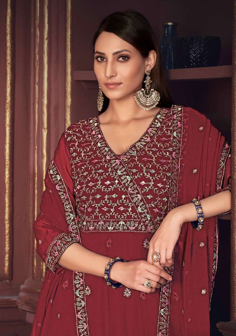 Maroon Embroidered Georgette Anarkali Set - Indya