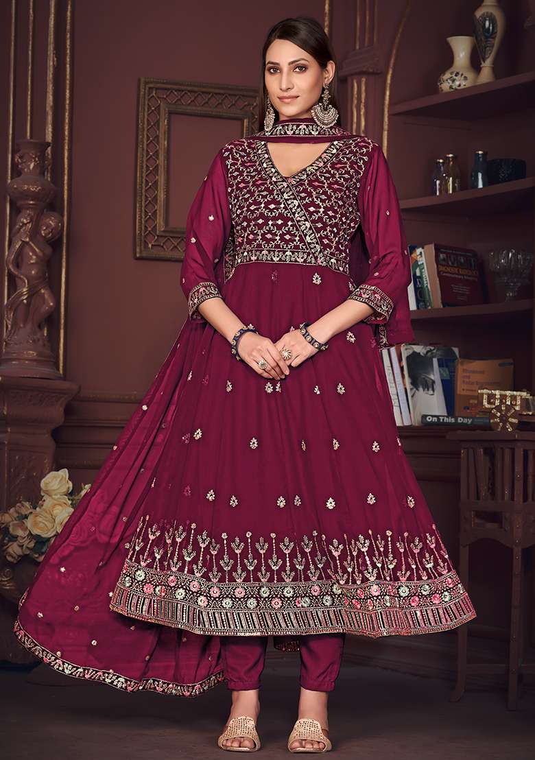 Dark Pink Embroidered Georgette Anarkali Set - Indya