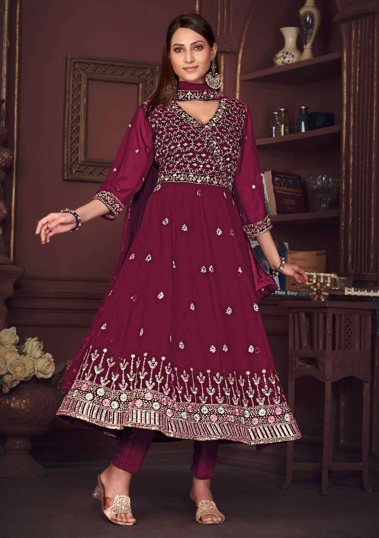 Dark Pink Embroidered Georgette Anarkali Set - Indya