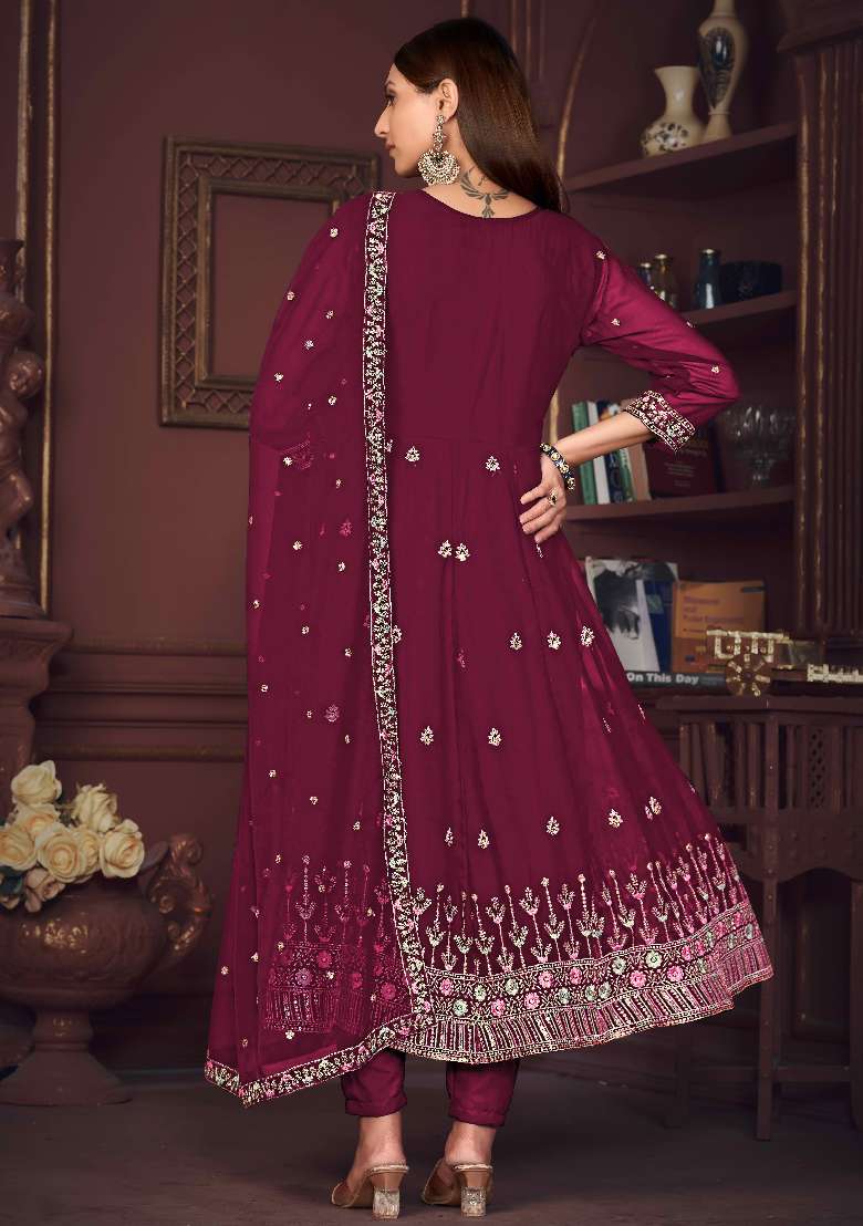 Dark Pink Embroidered Georgette Anarkali Set - Indya