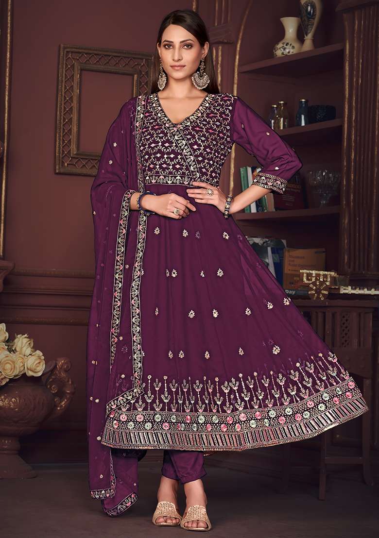 Purple Embroidered Georgette Anarkali Set - Indya