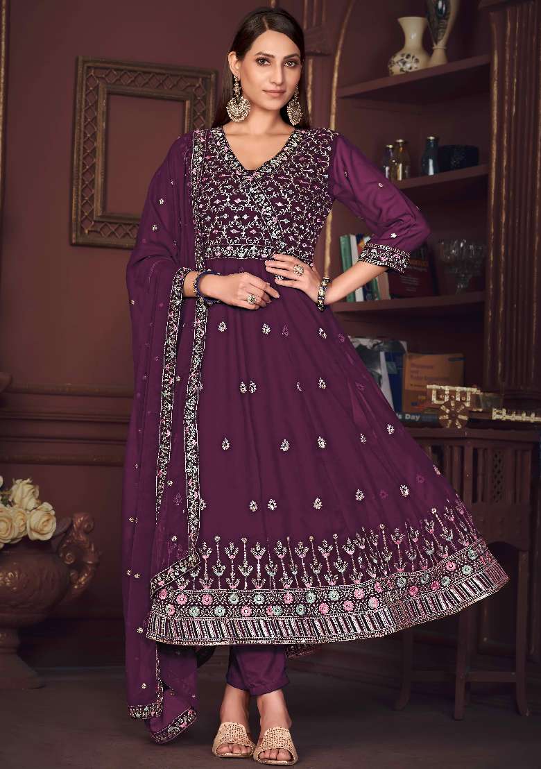 Purple Embroidered Georgette Anarkali Set - Indya