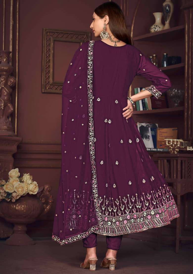 Purple Embroidered Georgette Anarkali Set - Indya