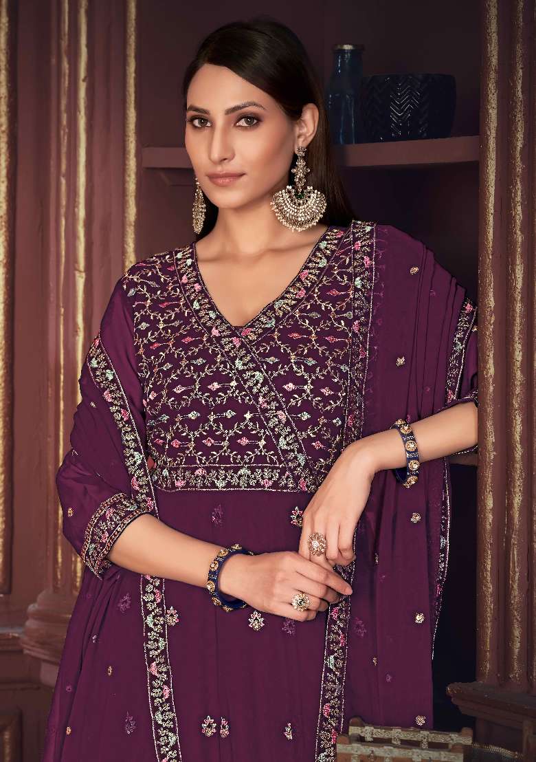 Purple Embroidered Georgette Anarkali Set - Indya